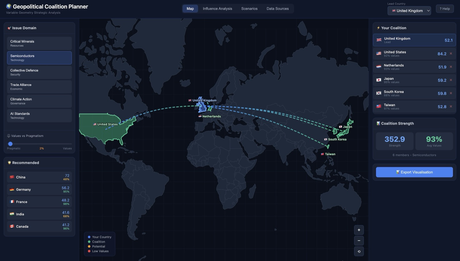 Geopolitical Coalition Planner home screen with interactive map