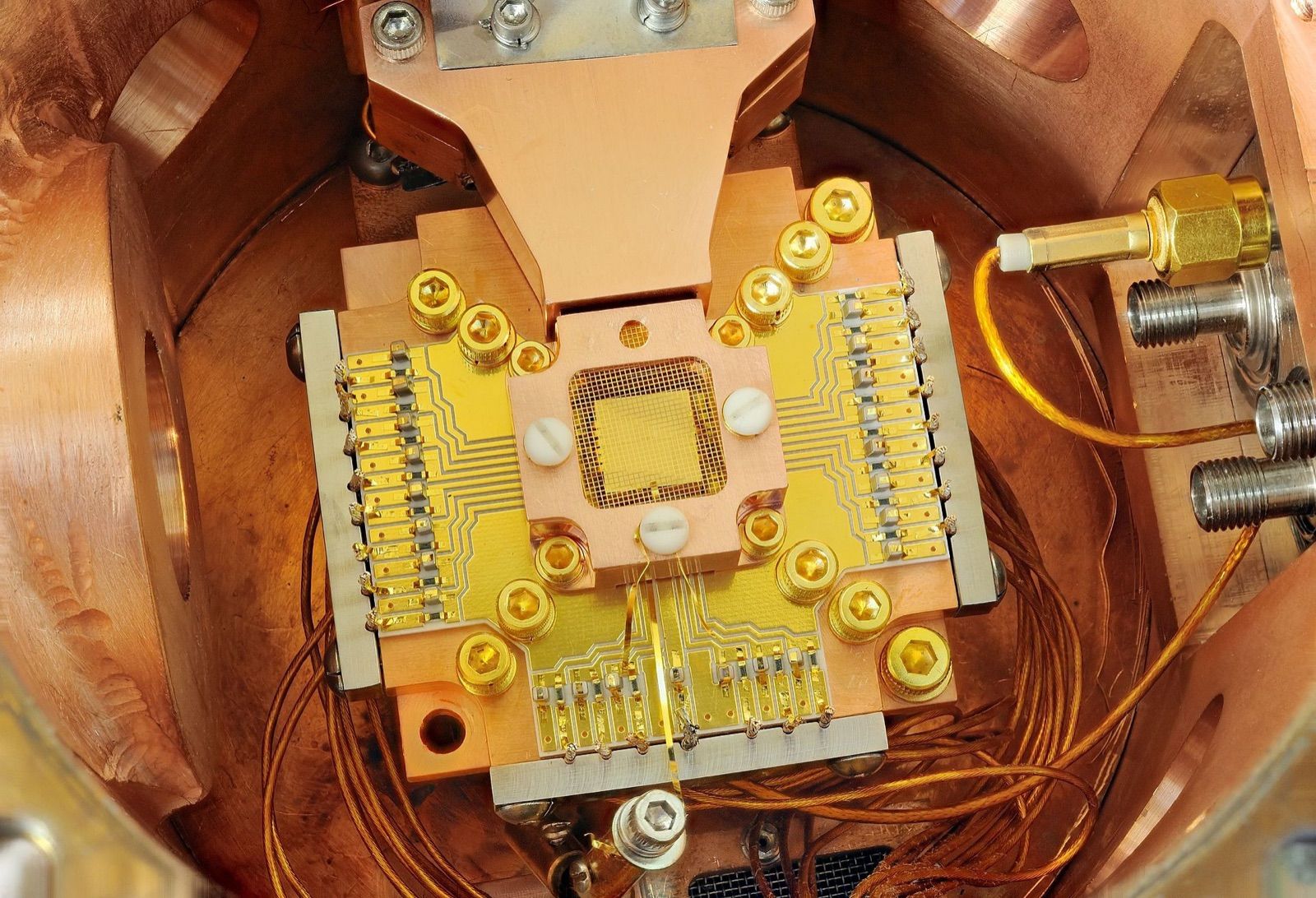 Superconducting quantum computer dilution refrigerator used to cool circuits to absolute zero